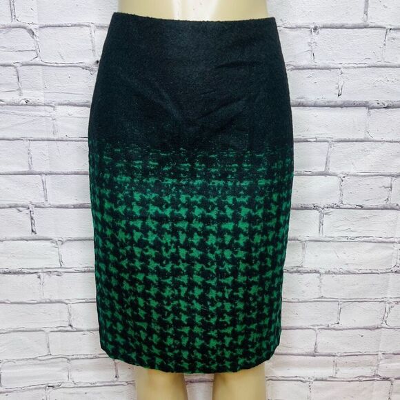 Talbots Womens Black Green Houndstooth Wool Blend Lined Pencil Skirt Size 14 - Picture 1 of 5